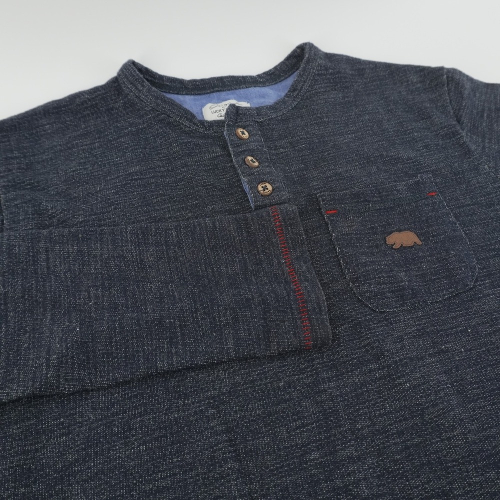 Lucky Brand Henley Shirt Kids L Navy Blue Long Sleeve Bear Patch Slub Knit